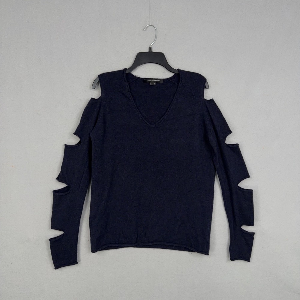 Skull Cashmere Sweater Womens Medium Navy Cut Out Cold Shoulder V-Neck Grunge
